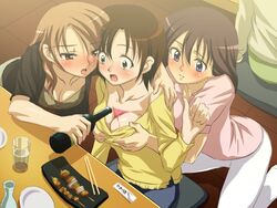 blush breast_grab breasts brown_hair bust_cup cleavagecup drunk female food multiple_girls sake sanshita wine yuri