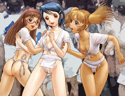 3girls breasts down_blouse female female_only festival fundoshi glasses hair_ornament hairband hairclip happi japanese_clothes kimono multiple_girls nipple_slip nipples open_clothes open_shirt panties shirt summer_festival thong tied_hair twintails underwear yamakasa