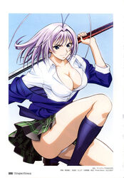 1girls antenna antenna_hair blue_eyes breasts busty cleavage dress_shirt female female_only footwear katana kneehighs large_breasts natsume_maya panties pantyshot plaid pleated_skirt purple_hair school_uniform serafuku shirt short_hair skirt socks solo sword tagme takada_haruhito tartan tenjou_tenge underwear weapon white_panties