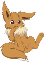 blush canine eevee female feral fox fur furry_ears furry_tail mysterious_mew nintendo pokemon presenting pussy spread_legs spreading tail teeth