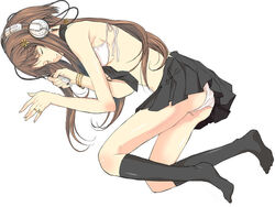 black_legwear bra bracelet brown_hair closed_eyes footwear hair_ornament hairclip headphones jewelry kneehighs lingerie long_hair lying miniskirt on_side panties pantyshot pantyshot_(lying) ring skirt sleeping socks topless underwear white_panties