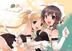 blonde_hair bonnet brown_hair elbow_gloves gainaxtop gloves kore_ga_watashi_no_goshujin-sama maid maid_headdress miyama_waka sawatari_izumi sawatari_mitsuki short_hair