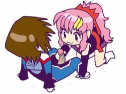 1boy 1girls 2d animated chibi clothed clothing female gundam gundam_seed handjob human human_female human_male human_only kira_yamato lacus_clyne loop lowres male penis pink_hair sex smile straight