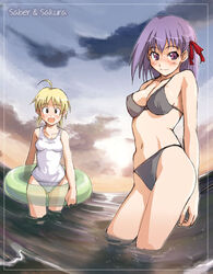 2girls ahoge artoria_pendragon bikini black_eyes blonde_hair blush breasts cleavage cloud fate/stay_night fate_(series) female female_only hair_ribbon innertube matou_sakura multiple_girls navel one-piece one-piece_swimsuit outdoors purple_eyes purple_hair ribbon school_swimsuit short_hair sky smile string_bikini swimsuit wading water white_school_swimsuit