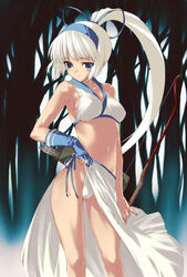 arrow blue_eyes bow_(weapon) gloves hairband highleg highleg_panties kawata_hisashi majikina_mina midriff panties ponytail samurai_shodown snk solo tied_hair underwear weapon white_hair white_panties