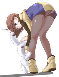 bent_over blue_eyes braid brown_hair bunnie butt glasses legs panties panties_under_pantyhose pantyhose shion_uzuki shoes side_braid underwear uniform uzuki_shion xenosaga