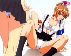 3girls 90s agent_aika aika_sumeragi ass blush bra brown_hair closed_eyes earrings female female_only footwear glasses green_eyes hair_up jewelry kneepits lace-trimmed_panties lingerie lipstick makeup multiple_girls official_art open_clothes open_mouth open_shirt orange_hair panties pantyshot rion_aida shirt sitting skirt skirt_lift socks spread_legs top-down_bottom-up underwear white_panties yamauchi_noriyasu