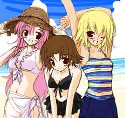 beach cagalli_yula_athha female female_only gundam gundam_seed hat lacus_clyne miriallia_haw multiple_girls ocean open_mouth pink_hair sketch smile straw_hat yuki_usagi