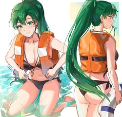 1girls ass back bangs bare_shoulders bikini black_bikini blush breasts butt_crack cleavage collarbone contemporary earrings female fire_emblem fire_emblem:_the_blazing_blade green_eyes green_hair halterneck high_ponytail innertube jewelry large_breasts life_vest lifesaver long_hair looking_at_viewer looking_back lyn_(fire_emblem) lyndis_(fire_emblem) mouth_hold multiple_views navel nintendo ormille ponytail side-tie_bikini simple_background smile solo swimsuit tagme thighs water whistle whistle_around_neck