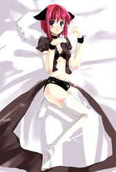 animal_ears bed cat_ears hisui hisui_(tsukihime) lingerie lying maid midriff navel open_clothes open_shirt shigen shirt solo thighhighs tsukihime type-moon underwear white_legwear white_thighhighs