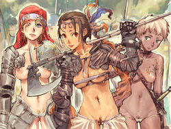 armor axe blue_eyes breasts chains fantasy hips humi labia leash lowleg lowleg_panties midriff nipples no_panties nude panties pointless_armor polearm pubic_hair pussy red_eyes scar side-tie_panties slave tattoo toi8 uncensored underwear weapon white_panties