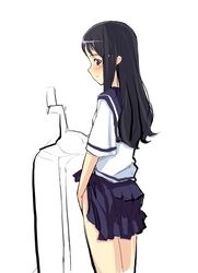 no_man's_land original peeing pleated_skirt school_uniform seifuku serafuku skirt skirt_lift solo standing toilet toilet_use trap urinal young