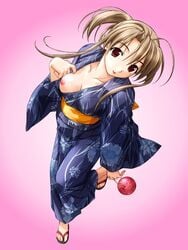 1girls breasts brown_hair feet female hashimoto_takashi human japanese_clothes kimono long_hair nipples open_clothes open_shirt photoshop pia_carrot_(series) red_eyes sandals shirt solo takai_sayaka toes welcome_to_pia_carrot_3 yukata