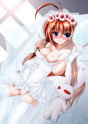 blush breasts bridal_veil bride cameltoe dress flower gloves kurogane_(majesticrune) lyrical_nanoha mahou_shoujo_lyrical_nanoha mahou_shoujo_lyrical_nanoha_a's mahou_shoujo_lyrical_nanoha_a's stuffed_animal stuffed_toy thighhighs veil vita wedding_dress