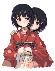 1futa 1girls bar_censor black_eyes black_hair censored character_request cum female futa_on_female futa_with_female futanari hairclip handjob incest intersex japanese_clothes kimono multiple_girls no_testicles obi oekaki onija_tarou penis short_hair siblings simple_background sisters smile source_request twincest twins