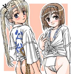 2girls blonde_hair blue_eyes bob_cut brown_eyes brown_hair doushindou fundoshi gunslinger_girl hachimaki happi headband henrietta_(gunslinger_girl) japanese_clothes kimono long_hair lowres multiple_girls oekaki short_hair tied_hair triela_(gunslinger_girl) twintails yamakasa