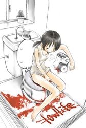 black_hair blood bottomless cactus clothing female kashmir legs menophilia menstruation period_blood ponytail sink solo tank_top tied_hair toilet young