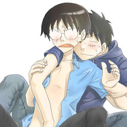 2boys bad_end black_hair blush brown_hair clothing cute_fang genshiken glasses hoodie madarame madarame_harunobu male masturbation multiple_boys open_clothes open_shirt sasahara sasahara_kanji shirt yaoi