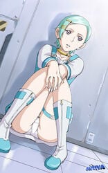 boots dress eureka eureka_7 eureka_seven eureka_seven_(series) green_hair hair_ornament hairclip moriya_naoki panchira panchira_(sitting) panties pantyshot pantyshot_(sitting) pantyshot_sitting sitting smac solo thigh_strap underwear white_panties