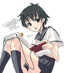 famicom girls_playing_games nes oekaki onija_tarou playing_games school_uniform seifuku serafuku skirt video_game video_games