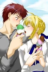 ahoge artoria_pendragon blonde_hair blouse blush couple emiya_shirou fate/stay_night fate_(series) female food ice_cream male mikami_mika ribbon