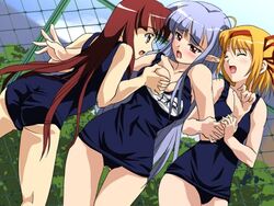 3girls ahoge arm_grab blue_hair blush breast_grab breast_squeeze breasts chainlink_fence cleavage closed_eyes dutch_angle female fence fuyou_kaede hairband large_breasts lisianthus long_hair multiple_girls name_tag nerine one-piece_swimsuit open_mouth orange_hair outdoors pointy_ears red_hair sanshita school_swimsuit short_hair shuffle shuffle! swimsuit thigh_gap thighs very_long_hair yuri