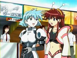 blue_hair cameo cap clothing dita_liebely green_eyes meia_gisborn parody red_hair screencap stratos_4 vandread