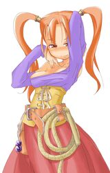 bare_shoulders belt blush breasts cleavage clothing corset dragon_quest dragon_quest_viii dress female female_only human jessica_albert long_hair naughty_face orange_eyes orange_hair red_hair small_breasts smile solo strapless_dress tied_hair twintails whip yomi_(artist)