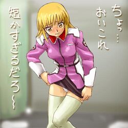 blonde_hair cagalli_yula_athha green_socks gundam gundam_seed haruyama jacket lowres military military_uniform miniskirt panties panty_peek skirt skirt_pull skirt_tug socks solo standing thigh_gap thigh_socks thighhighs thighs translated tugging_clothing underwear uniform white_legwear white_panties white_thighhighs yellow_eyes zettai_ryouiki