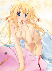 1girls all_fours bed_sheet blonde_hair blue_eyes braid breasts carriere eating female food fruit long_hair messy_hair naked_sheet nude original ouka_(game) pillow ribbon solo strawberries strawberry twin_braids under_covers