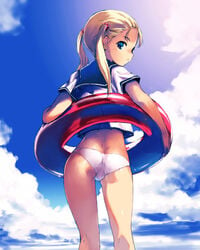 ass back blonde_hair blue_eyes cloud dimples_of_venus from_behind innertube kawata_hisashi looking_back original panties school_uniform seifuku serafuku sky solo tied_hair twintails underwear white_panties