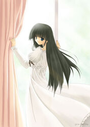 black_hair blue_eyes comic_party curtains dress from_behind hasebe_aya long_hair looking_back solo very_long_hair window zenzen