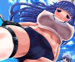 1girls areola arin badbullet bloomers blush breasts buruma busty cameltoe cosplay double_vertical_stripe erect_nipples female gym_uniform navel nipples pangya see-through solo