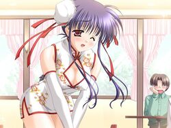 arisue_tsukasa blush breasts bun_cover china_dress chinadress chinese_clothes cleavage curtains double_bun elbow_gloves game_cg gloves purple_eyes purple_hair usotsuki_wa_tenshi_no_hajimari waitress window wink