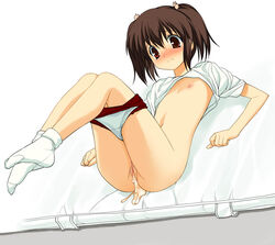 1girls a1 anklehighs bloomer_pull bloomers bloomers_pull blush brown_eyes buruma buruma_pull censored clothing cum cum_inside cum_pool cumpool feet female flat_chest footwear gym_uniform panties panties_around_legs panty_pull pussy red_bloomers short_hair small_breasts socks solo tied_hair to_heart_(series) to_heart_2 turn_cuff_socks twintails underwear white_panties white_socks yuzuhara_konomi