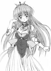 blush cleavage crown eyebrows_visible_through_hair feena_fam_earthlight female gloves greyscale large_breasts monochrome noritama noritama_(gozen) solo solo_female very_long_hair yoake_mae_yori_ruri_iro_na