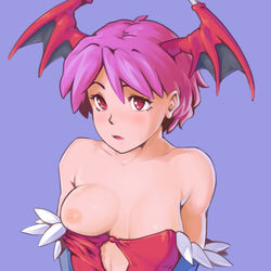 areolae arms_behind_back bare_shoulders blush breasts clothing collarbone darkstalkers feathers head_wings lilith_aensland nipples one_breast_out open_mouth purple_hair red_eyes short_hair small_breasts succubus urumi_(urumi00) wings