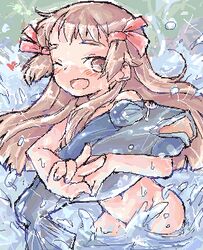 1girls artist_request blush brown_eyes brown_hair female fish human light-skinned_female light_skin long_hair lowres nude oekaki re_mii ribbon solo water wet wink zoids zoids_genesis