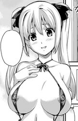 1girls breasts bust erect_nipples female monochrome original otobe_wakana shin_jugai sling_bikini smile solo swimsuit takeda_hiromitsu tied_hair tsundero twintails