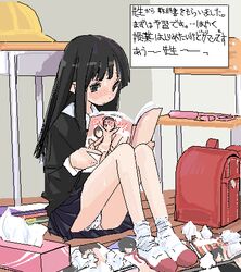 backpack bag black_eyes black_hair blush footwear hard_pixels lowres oekaki original panchira_sit panties pantyshot pantyshot_(sitting) pantyshot_sitting pleated_skirt randoseru school_uniform serafuku shoes sitting skirt socks solo translated underwear uwabaki wet white_panties