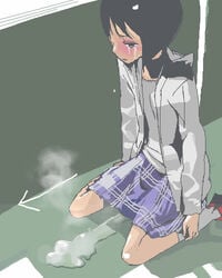 accident arrow black_hair blush kneeling lowres oekaki original pee_accident pee_steam peeing short_hair sitting sitting_pee skirt solo tear urinating_female urine_on_ground urine_puddle wariza wetting