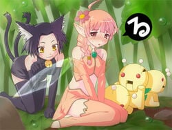 animal_ears bare_shoulders bell black_hair cat_ears cat_tail fairy jingle_bell jinglebell multiple_tails nature pink_hair pointy_ears red_eyes runrun_soft sleeveless sleeveless_turtleneck tail thighhighs translation_request turtleneck wings yellow_eyes zettai_ryouiki