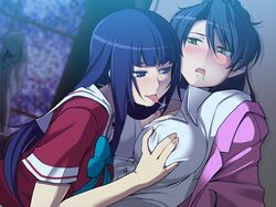 black_hair blush breast_grab erect_nipples female kissing multiple_girls saliva senkou_no_lumina_zenpen:_sennyuu!_saint_alucard_jogakuen yuri