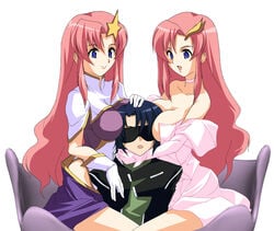 1boy 2girls athrun_zala breast_rest breasts breasts_on_head gundam gundam_seed gundam_seed_destiny lacus_clyne meer_campbell pink_hair red_hair shiikeru sitting straight white_background