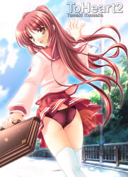 1girls akino_shin ass bag black_panties blush brown_eyes clothing female female_only kousaka_tamaki large_ass long_hair looking_back panties pantyshot pantyshot_(standing) pleated_skirt red_hair school_bag school_uniform serafuku skirt skirt_lift smile solo stockings thighhighs to_heart_(series) to_heart_2 underwear walking white_legwear white_thighhighs wind_lift zettai_ryouiki