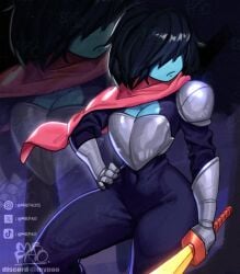 1girls armor black_hair blue_skin bodysuit boob_window breasts deltarune female female_only hair_covering_eyes hand_on_hip kris_(deltarune) kris_female_(deltarune) mrpao scarf skin_tight solo solo_female sword thick_thighs thighs undertale_(series) watermark