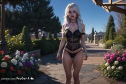1girls ai_generated artist_name bare_shoulders black_panties blurry blurry_background breasts cleavage corset day dbd dead_by_daylight facial_mark female flower heart hi_res jewelry lingerie lips long_hair looking_at_viewer medium_breasts multicolored_hair necklace outdoors panties progenarts rose sable_ward solo standing thigh_gap tree underwear watermark web_address white_hair