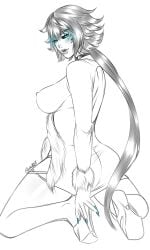 1girls 2021 ass black_and_white blue_eyes blue_nails blush breasts championship_shyvana female female_only glowing_eyes high_heels law-zilla league_of_legends looking_at_viewer looking_back nipples no_color painted_fingernails painted_nails riot_games short_hair shyvana sketch solo solo_female white_background
