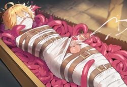 1boy aether_(genshin_impact) belt belt_bondage bondage bondage bound cum cum_string egyptian egyptian_clothes ejaculation femboy genshin_impact huge_cock kidnapped kidnapped_femboy large_penis lying lying_on_back mummification mummification_(bound) mummified orgasm penis penis_milking saliva submissive_male sucking_penis sweat sweatdrop sweating sweaty tentacle tentacle tentacle_sex testicles tied wide_hips wrapped wrapped_up