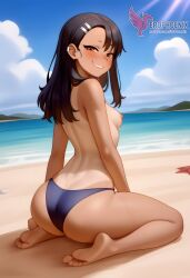 1girls 2d ai_generated areolae ass back bare_shoulders beach big_ass bikini bikini_pull black_hair blue_bikini blue_eyes brown_eyes competition_swimsuit dark_skin dark_skinned_female day erophoenix female female_focus full_body hairclip hayase_nagatoro jewelry long_hair looking_at_viewer ocean one-piece_swimsuit one-piece_tan outdoors patreon_username please_don't_bully_me,_nagatoro sitting skin_fang sky small_breasts smile solo swimsuit tan tan_body tan_lines tanline thick thick_thighs uncensored